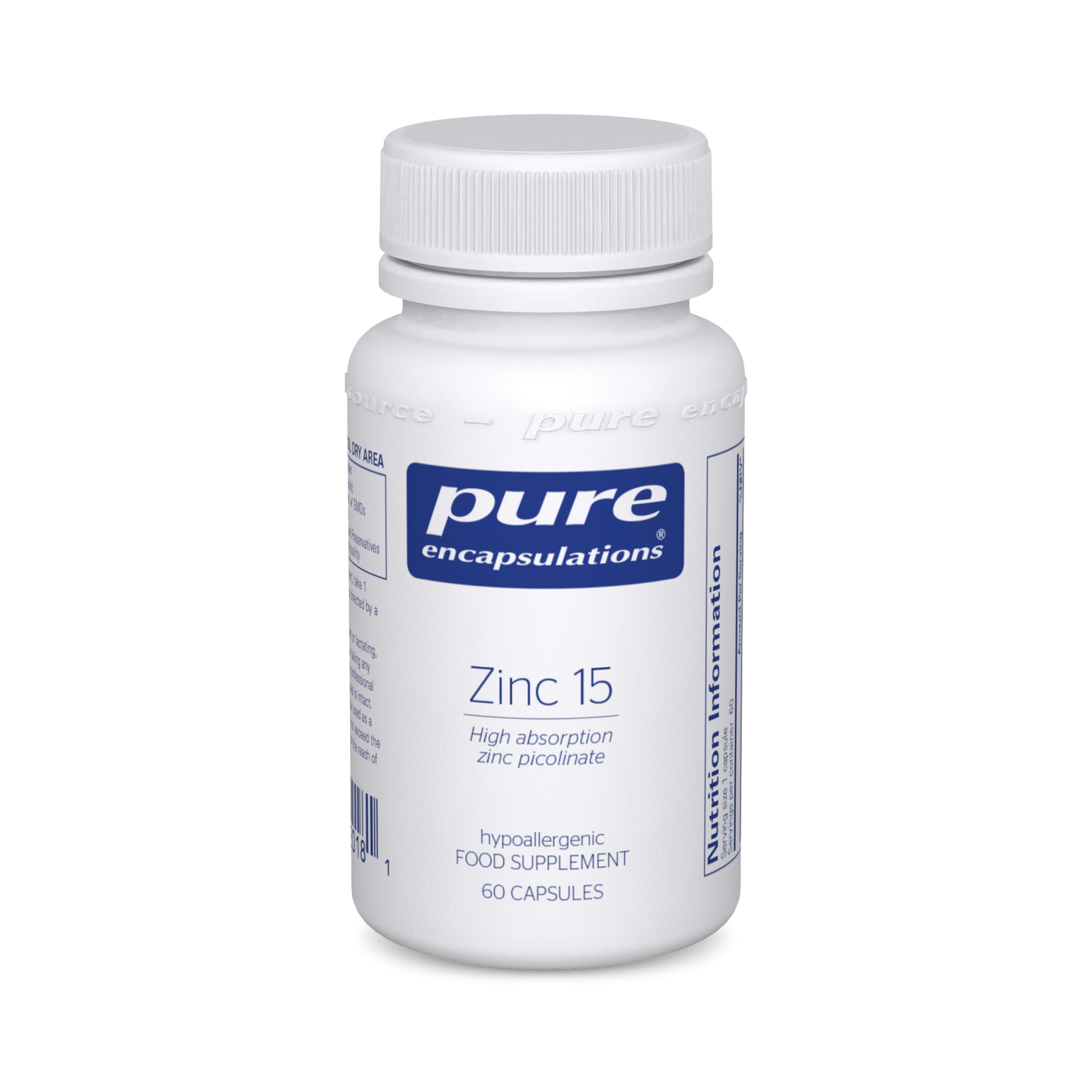 Zinc 15 - Zinc Picolinate 15mg - Highly Absorbable Hypoallergenic Immune System Supplement - Fertility Supplement - Hair, Skin & Nails - 60 Vegetarian Capsules