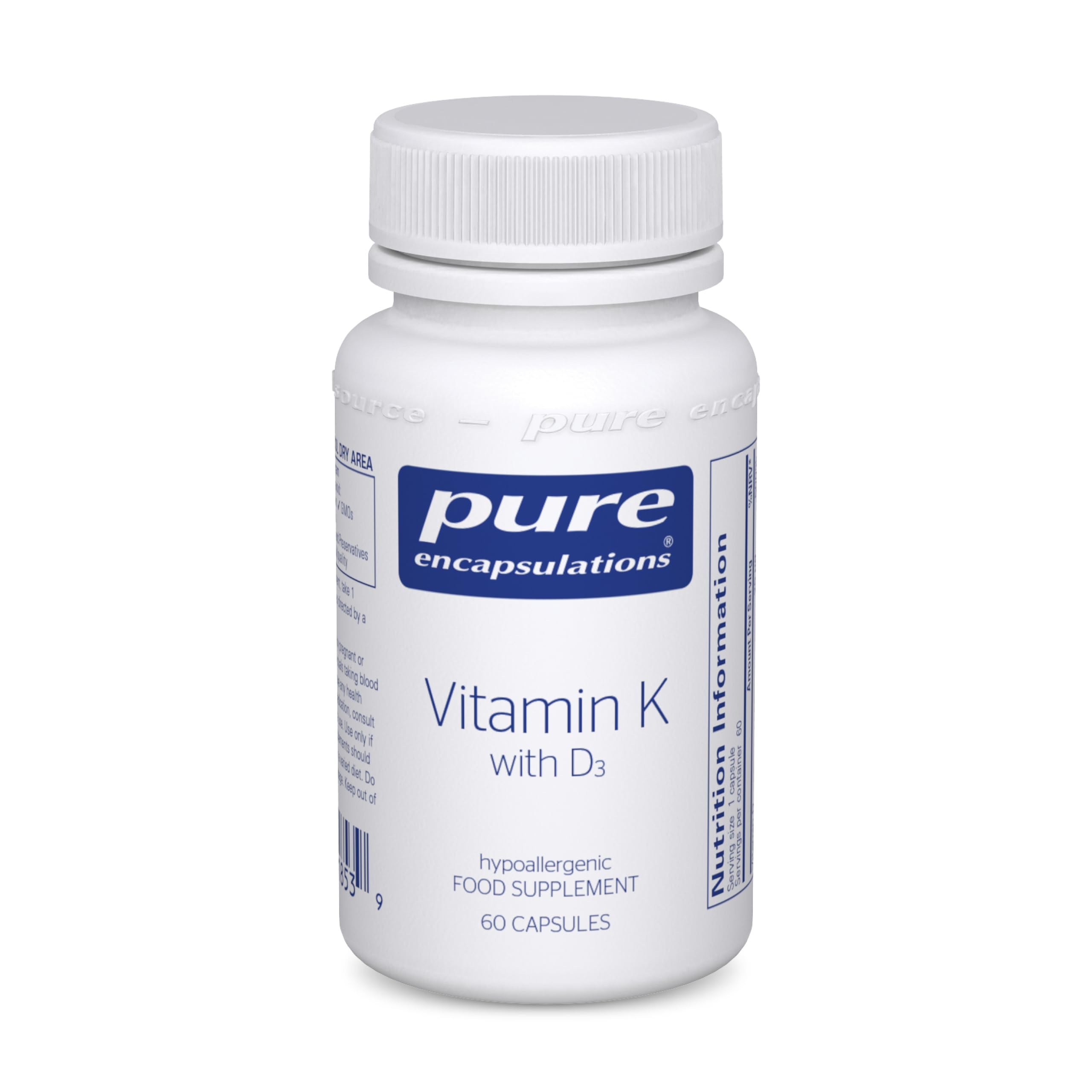 Vitamin K with D3 - Hypoallergenic Formula with Vitamin K1, K2, and D3 - for Bone and Arterial Health - 60 Capsules