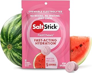 SaltStick Fastchews Watermelon Zip Pack 10 Electrolyte Chewable Tablets with Salt, Minerals (Sodium, Potassium, Calcium, Magnesium) and Carbohydrates, 33g
