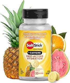 SaltStick Chewable Electrolytes with Caffeine - 60 Tropical Twist Electrolyte Energy Tablets - Just Chew It, Electrolyte Energy Chews for Hydration - 60 Count